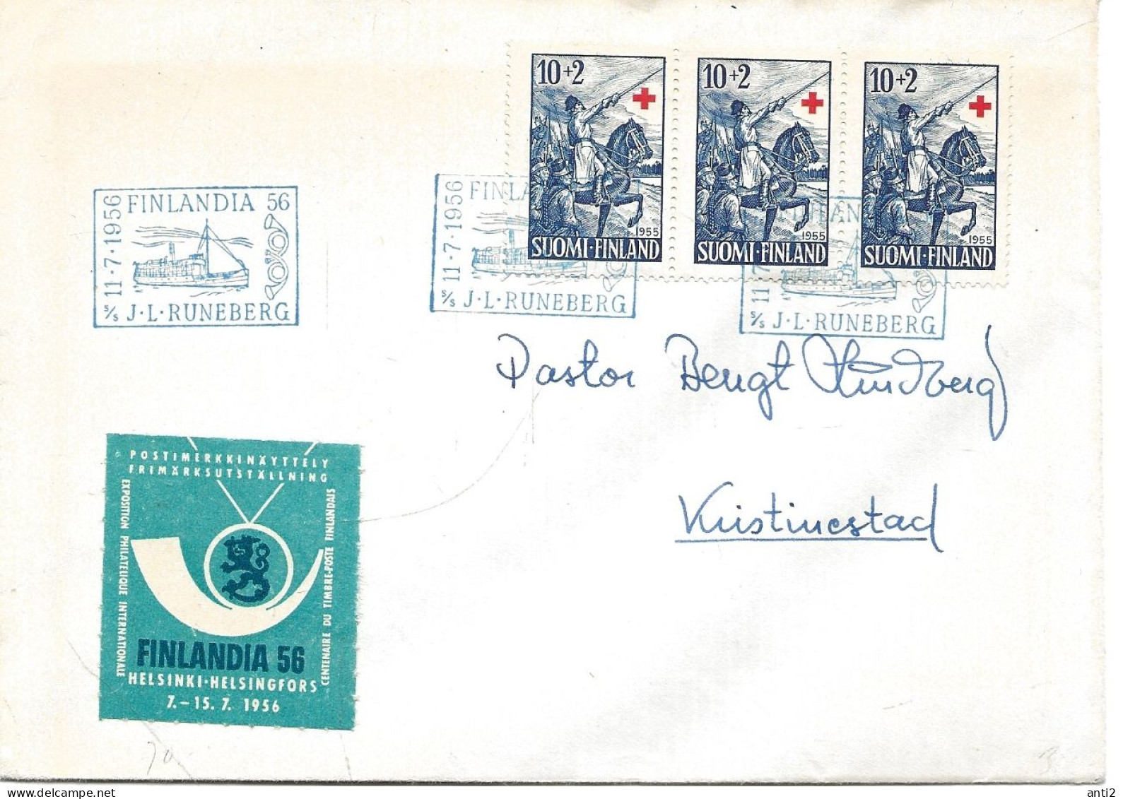 Finland   1956 Red Cross,Pictures From The Hero Epic "Fähnrich Stål". Mi 447 X 3   Finlandia 11.7.1956 - Storia Postale