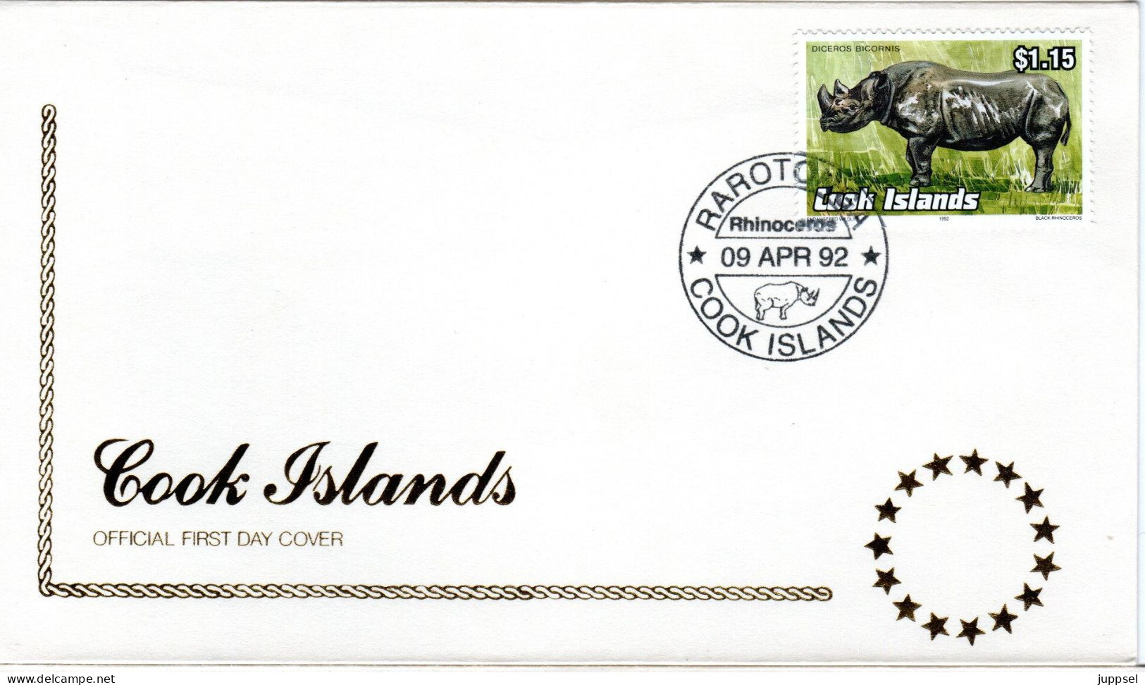 FDC COOK ISLANDS, Rhinoceros   /  Lettre De Premiére Jour, Rhinoceros   1992 - Rhinocéros