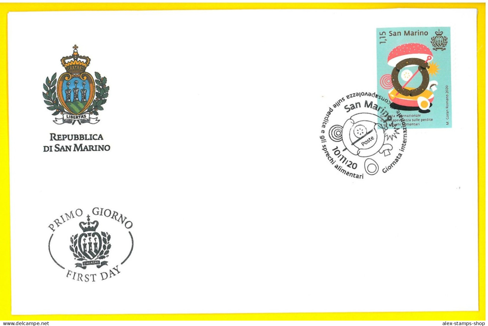 SAN MARINO 2020 FDC Giornata Internazionale Sprechi Alimentari FIRST DAY COVER - FDC