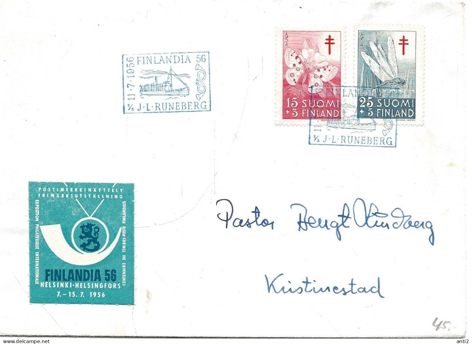 Finland   1956   Fighting Tuberculosis: Rush Dragonfly And Apollo Butterfly Mi 434-435 Finlandia 11.7.1956 - Lettres & Documents