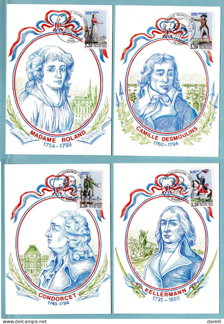Carte Maximum 1989 - Personnages Célèbres De La Révolution - Condorcet Madame Roland Desmoulin Kellermann YT 2592 à 2595 - 1980-1989