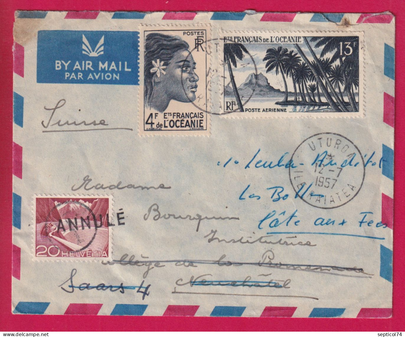 POLYNESIE FRANCAISE OCEANIE UTUROA ILE RAIATEA 1957 TAXE 20C SUISSE NEUFCHATEL LETTRE - Tahití