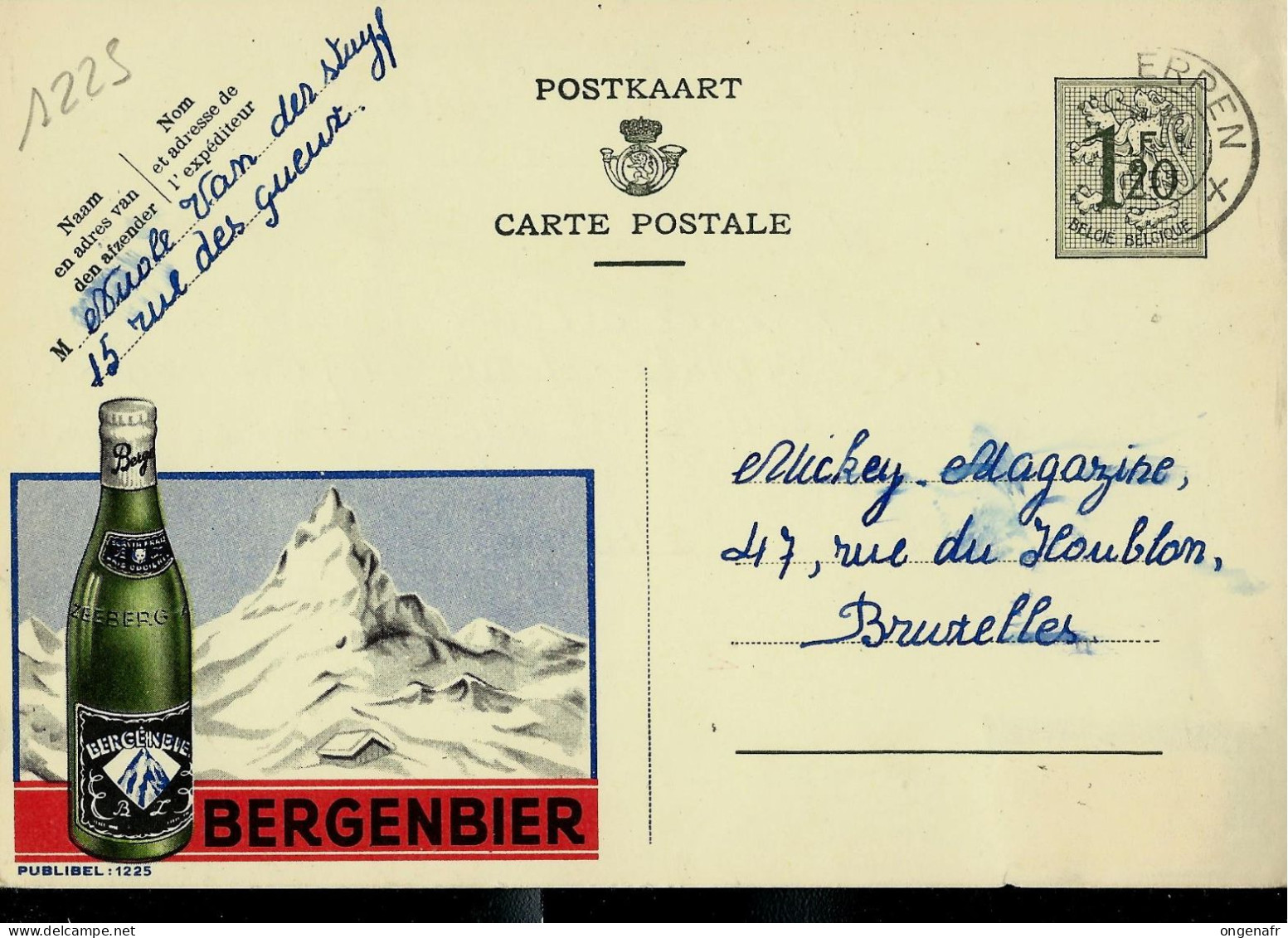 Publibel Obl. N° 1225 ( Bier - Bière BERGENBIER  - Mont Cervin Suisse) Obl. ANTWERPEN  1955 - Publibels
