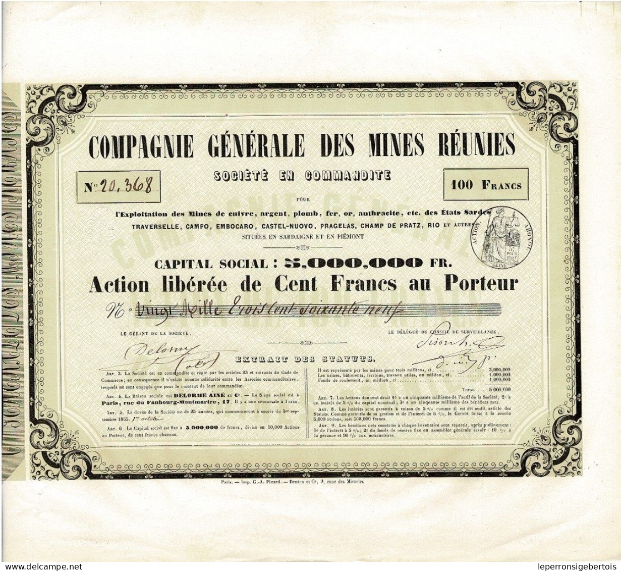 Titre De 1855 -Cie Générale Des Mines Réunies - Sté En Commandite Pour L'Exploitation De MInes En Sardaigne Et Piémont - - Industrie