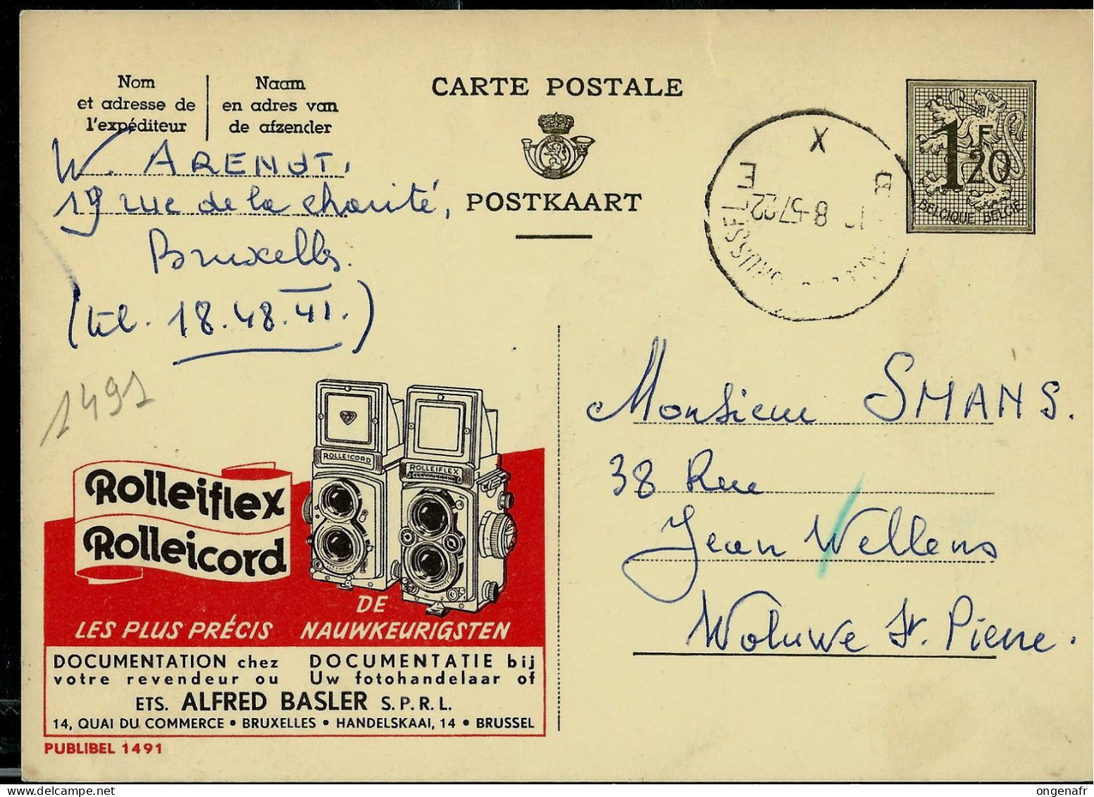 Publibel Obl. N° 1491  ( Rolleiflex Appareils Photos  - Alfred BASLER - Brussel) Obl. BXL - B X E - 1957 - Publibels