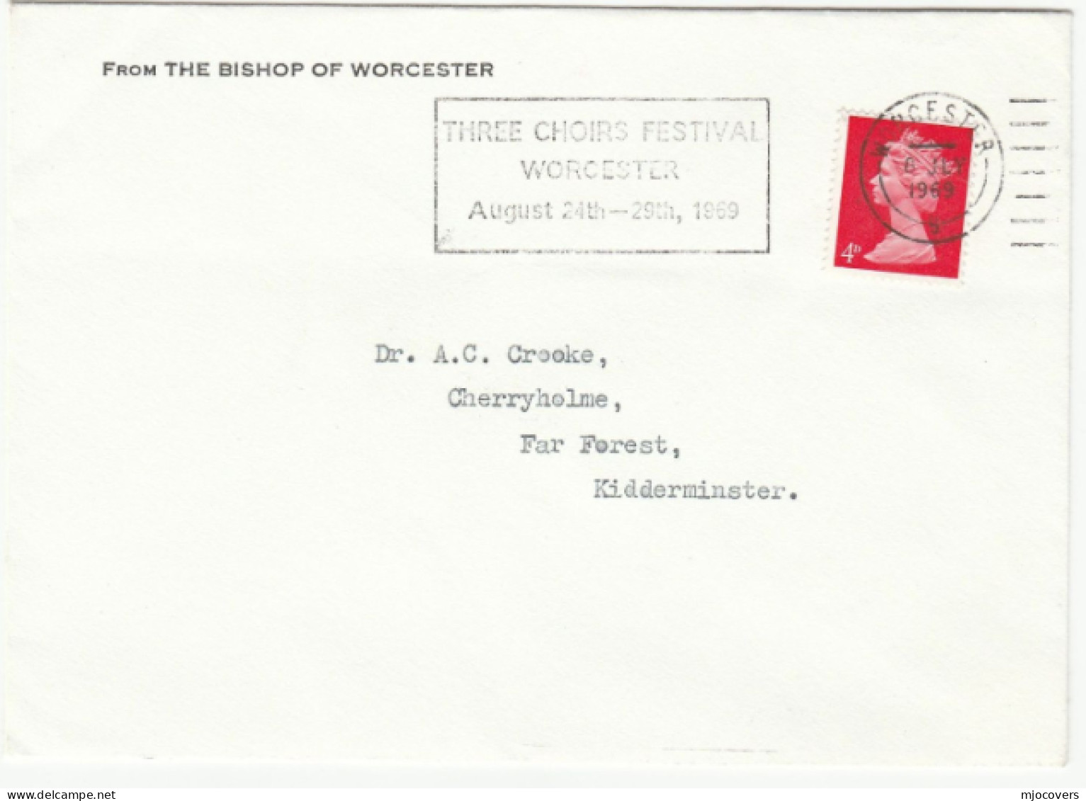 1969 BISHOP Of WORCESTER Cover THREE CHOIRS FESTIVAL SLOGAN  Gb Stamps Religion Church Music - Briefe U. Dokumente