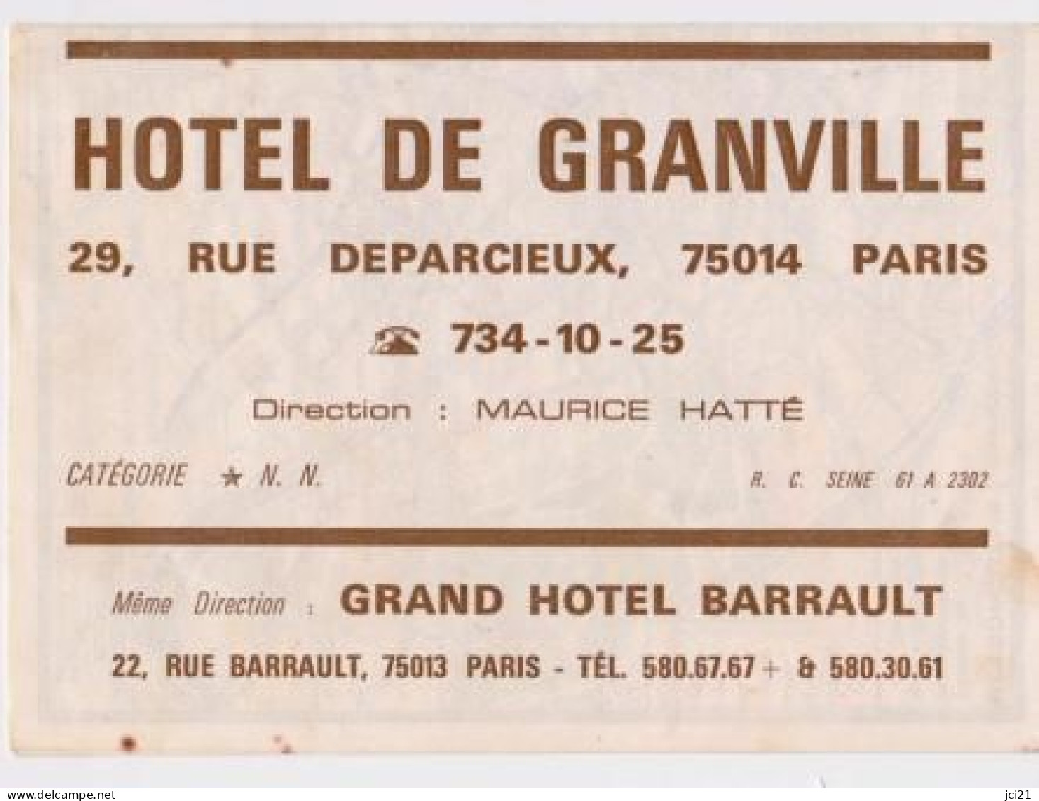 Hôtel De Granville Maurice HATTE 75014 PARIS _CV107 - Cartes De Visite