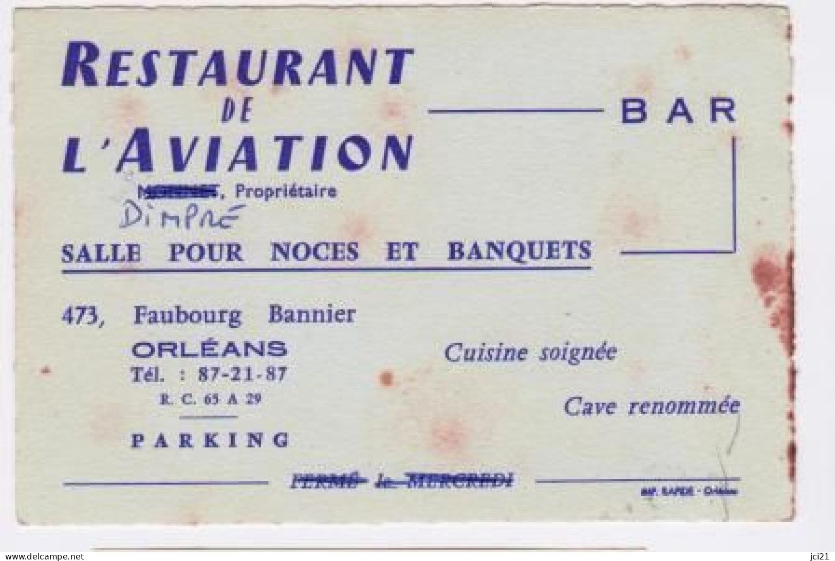 RESTAURANT DE L'AVIATION - DIMPRE Propriétaire 45 ORLEANS  _CV103 - Visitekaartjes