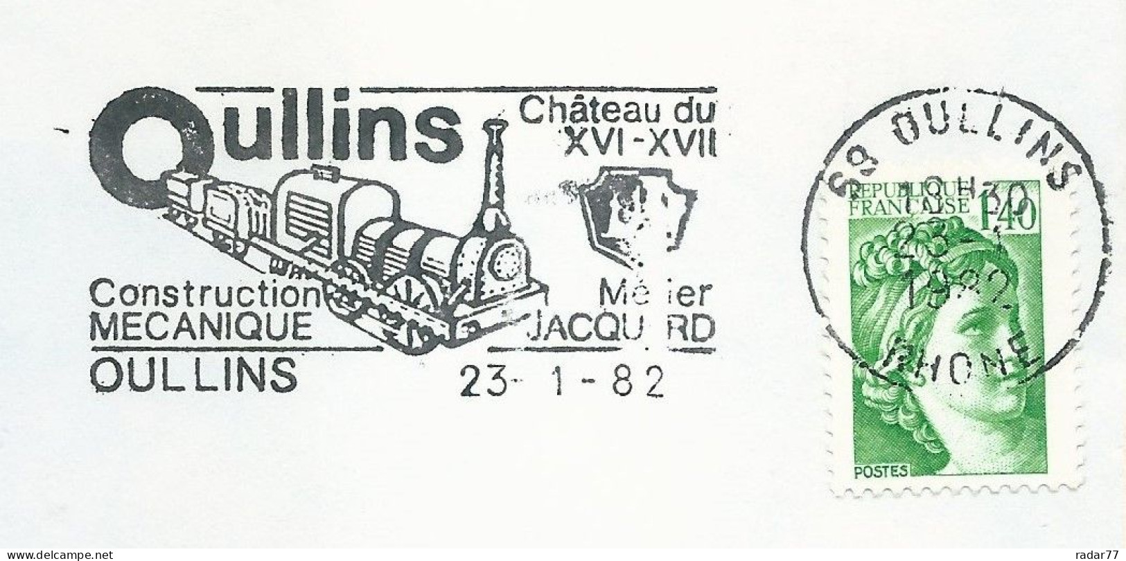 OMEC SECAP Avec Flamme Illustrée Locomotive - Train - Constructions Mécaniques - Oullins - 23/01/1982 - Oblitérations Mécaniques (flammes)