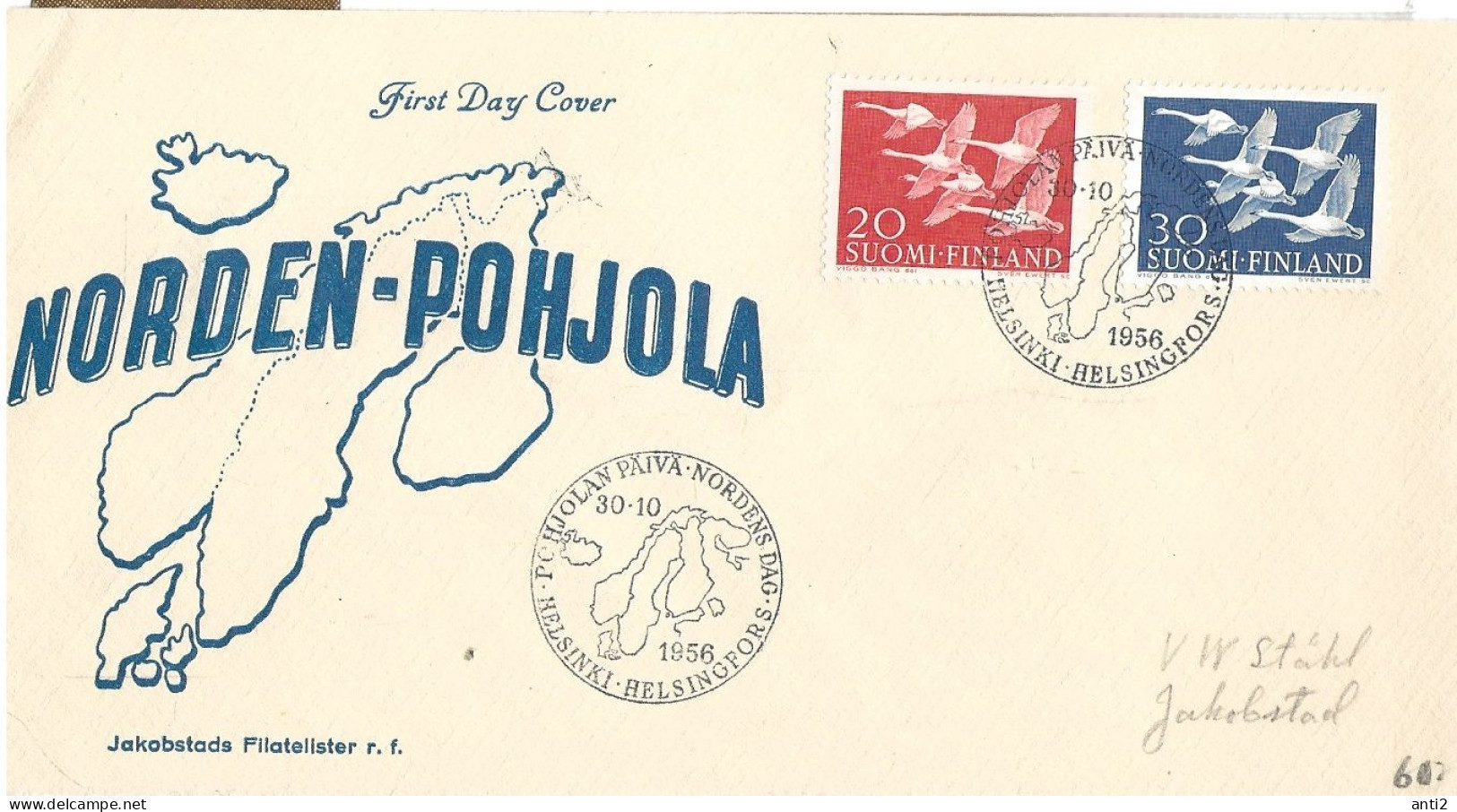 Finland   1956   NORTH: Northern Day, Five Whooper Swans (Cygnus Cygnus), Mi 465 - 466    FDC - Brieven En Documenten