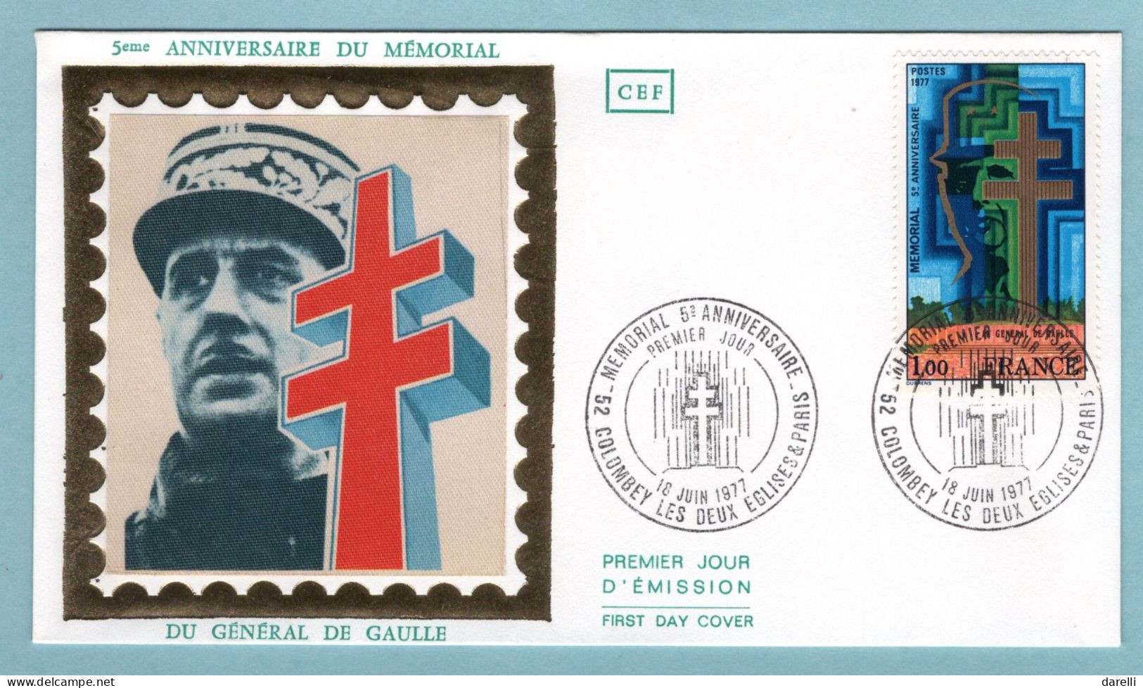 FDC France 1977 - 5e Anniversaire Mémorial Général Charles De Gaulle - YT 1941 - Colombey Les Deux églises (soie) - 1970-1979