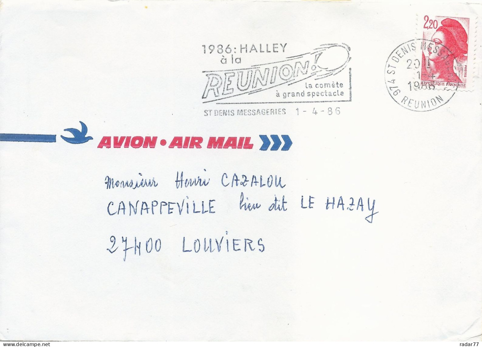 OMEC SECAP Avec Flamme Illustrée Comète De Halley à La Réunion - St Denis - 01/04/1986 - Maschinenstempel (Werbestempel)