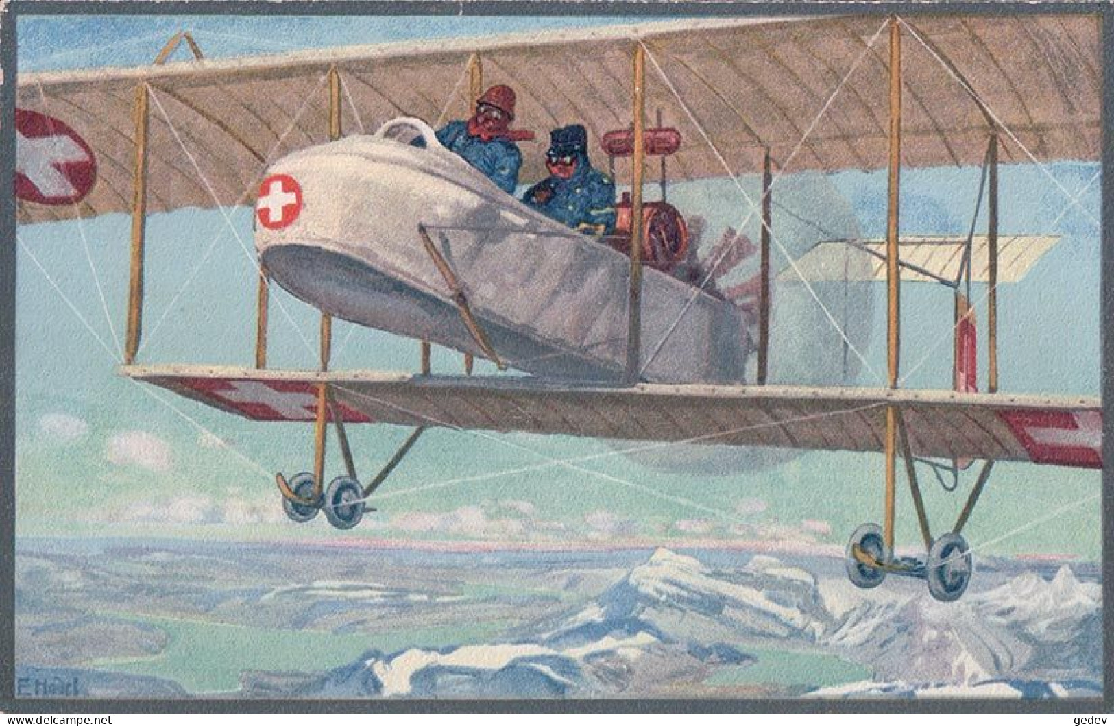 Aviation Militaire Suisse, Biplan Survolant Les Alpes, Hodel Illustrateur, Litho (916) - Weltkrieg 1914-18