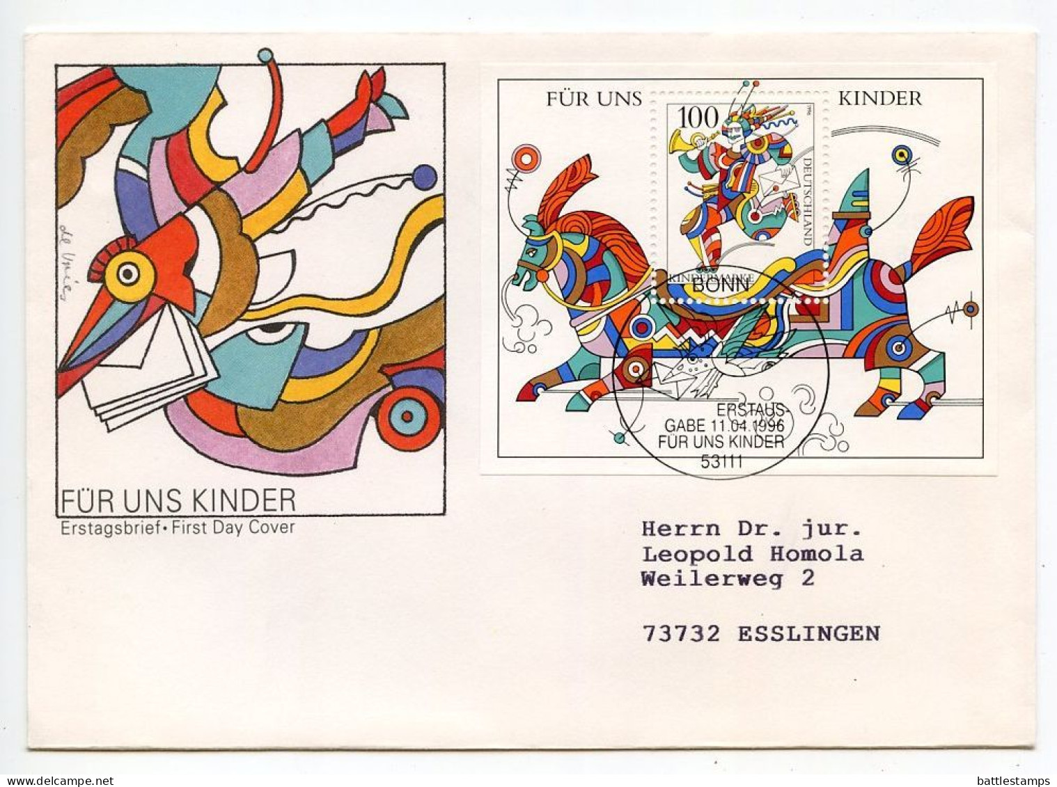 Germany 1996 FDC Scott 1925 S/S For The Children, Kindermarke - Clown On Horseback - 1991-2000