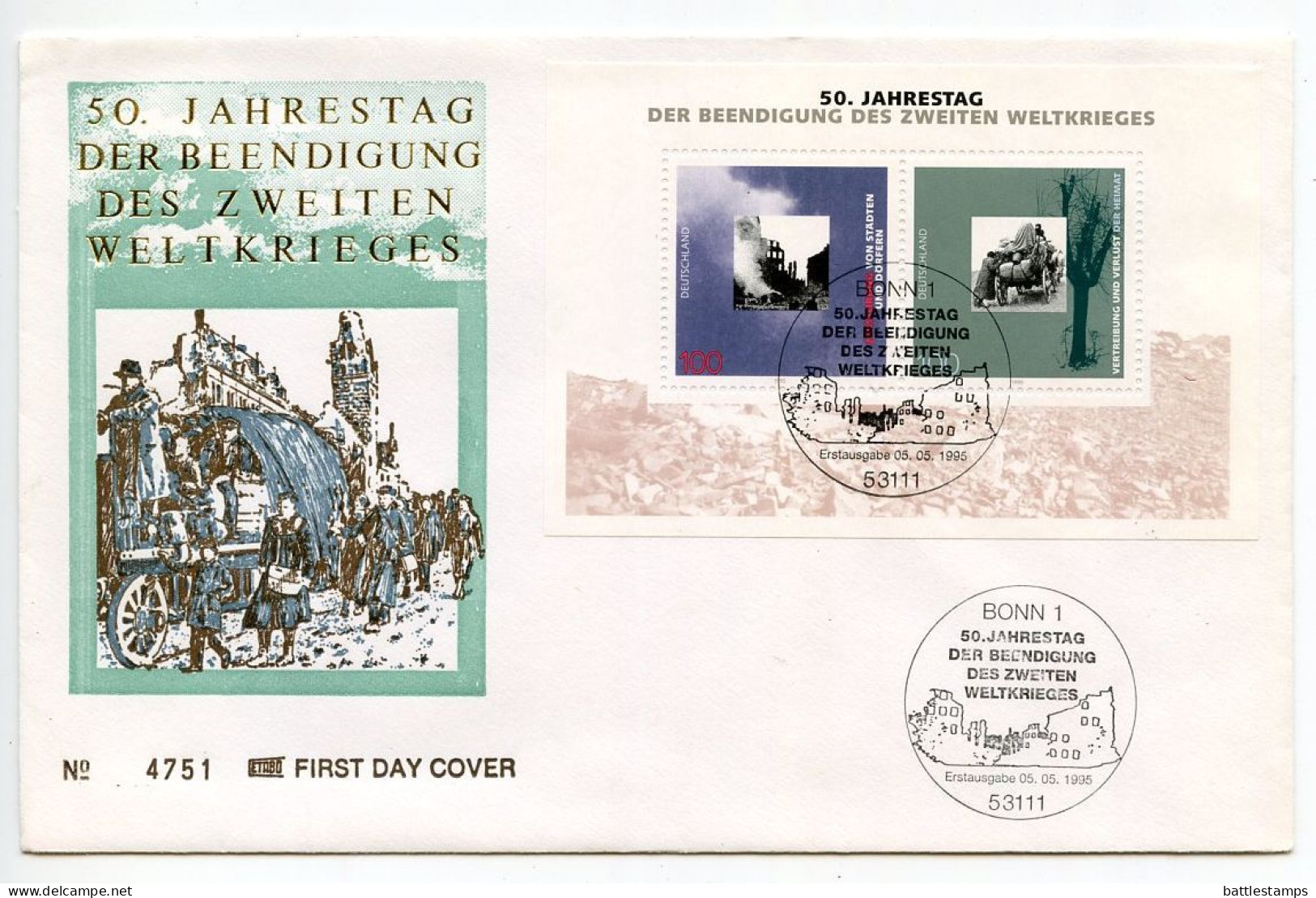 Germany 1995 FDC Scott 1897 S/S End Of World War II 50th Anniversary - Destroyed Buildings & Refugees - 1991-2000