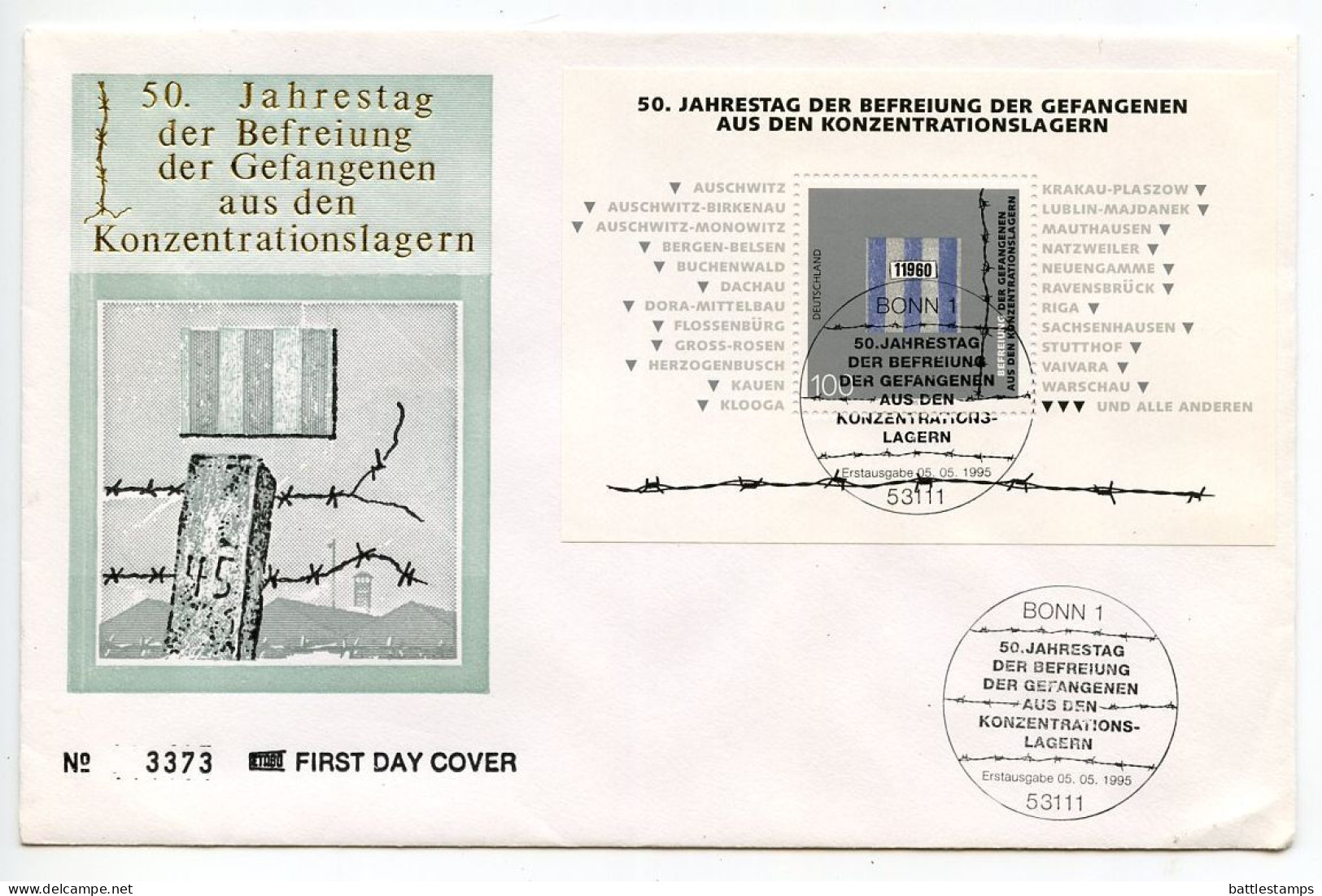 Germany 1995 FDC Scott 1896 S/S End Of World War II 50th Anniversary - Liberation Of Concentration Camps - 1991-2000