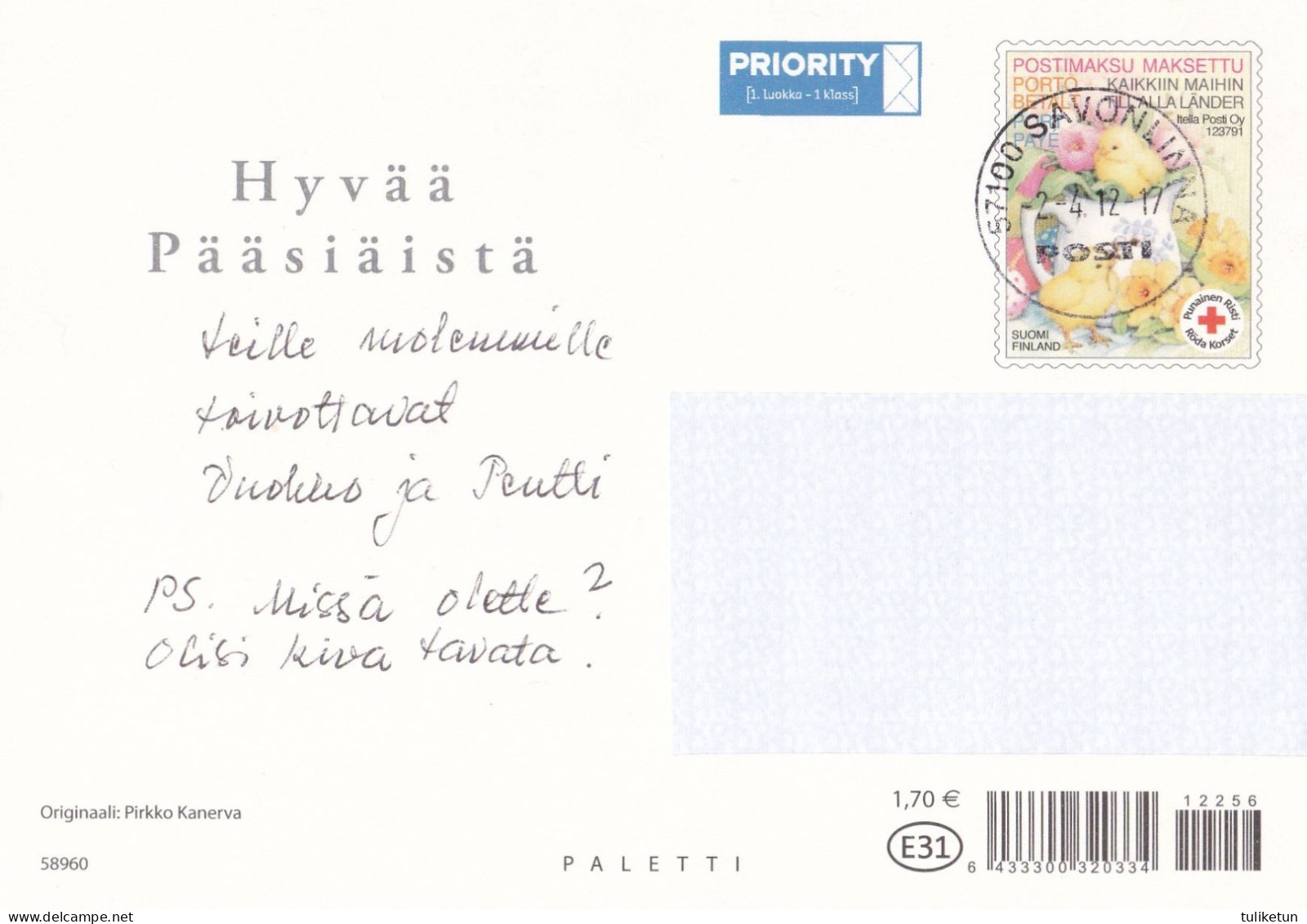 Postal Stationery - Bunny And Cat Resting - Red Cross 2017 - Suomi Finland - Postage Paid - Interi Postali