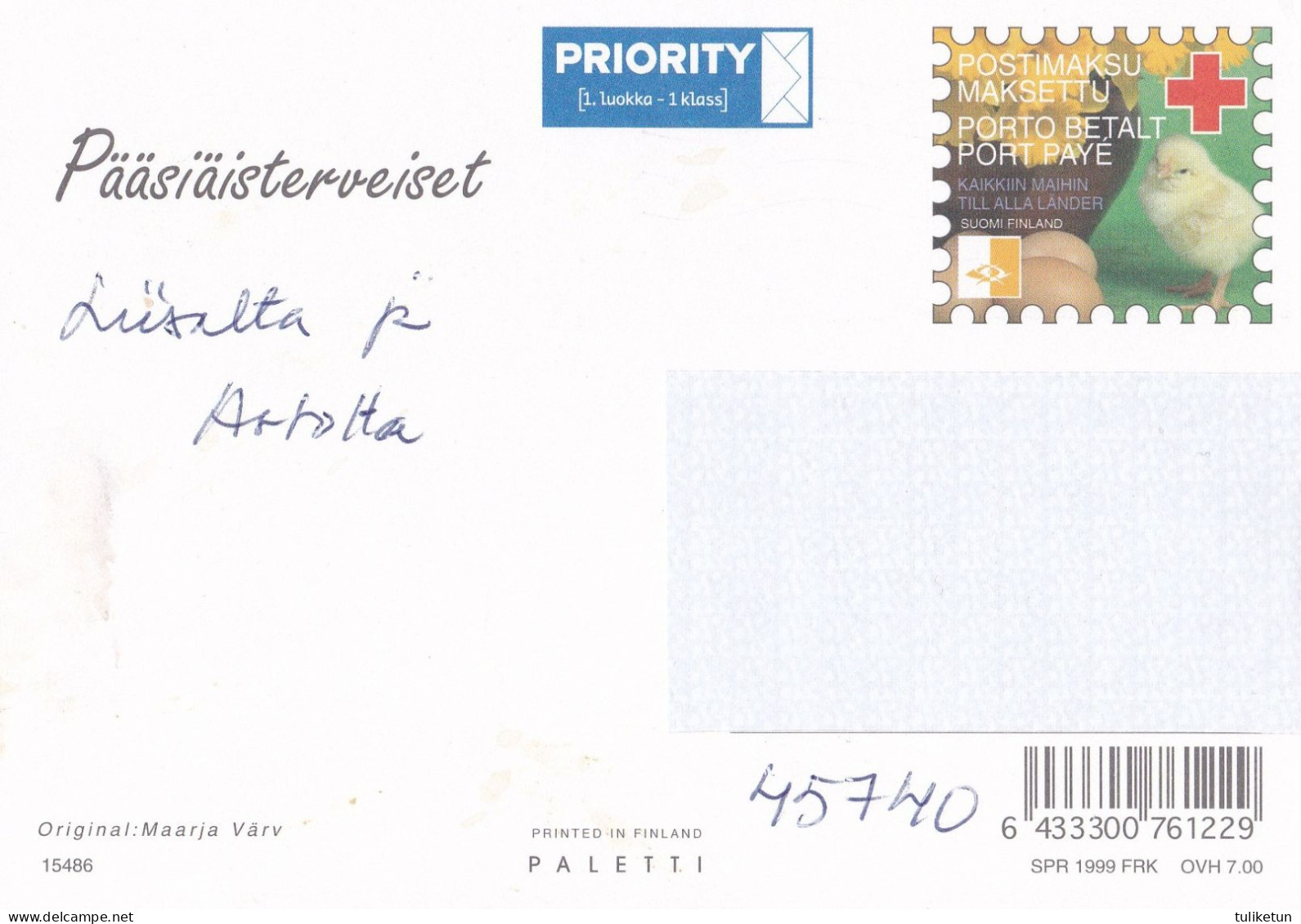 Postal Stationery - Easter Flowers And Eggs In The Basket - Red Cross 1999 - Suomi Finland - Postage Paid - Entiers Postaux