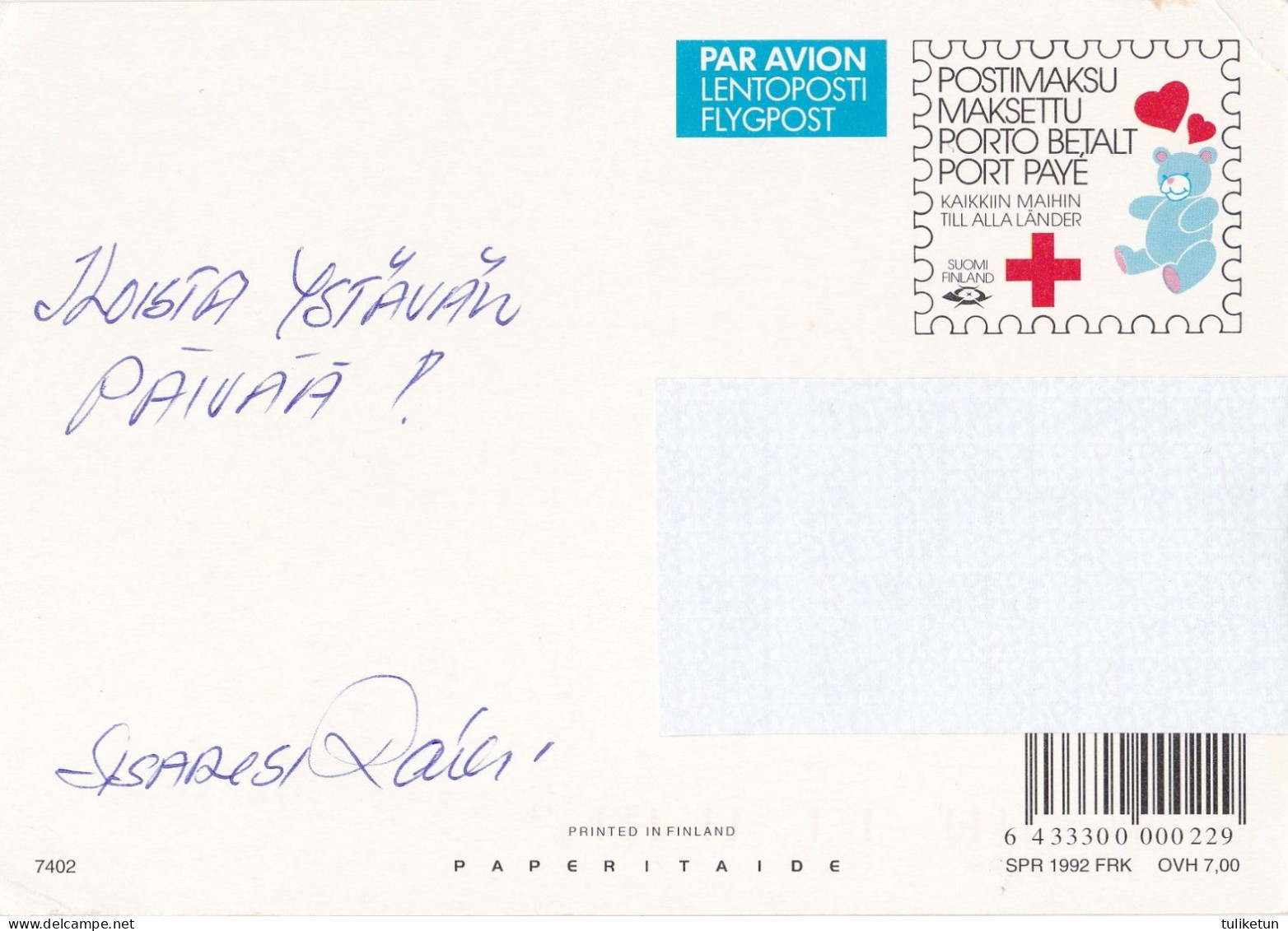 Postal Stationery - Rabbit - Hare Running - Red Cross 1992 - Suomi Finland - Postage Paid - Enteros Postales