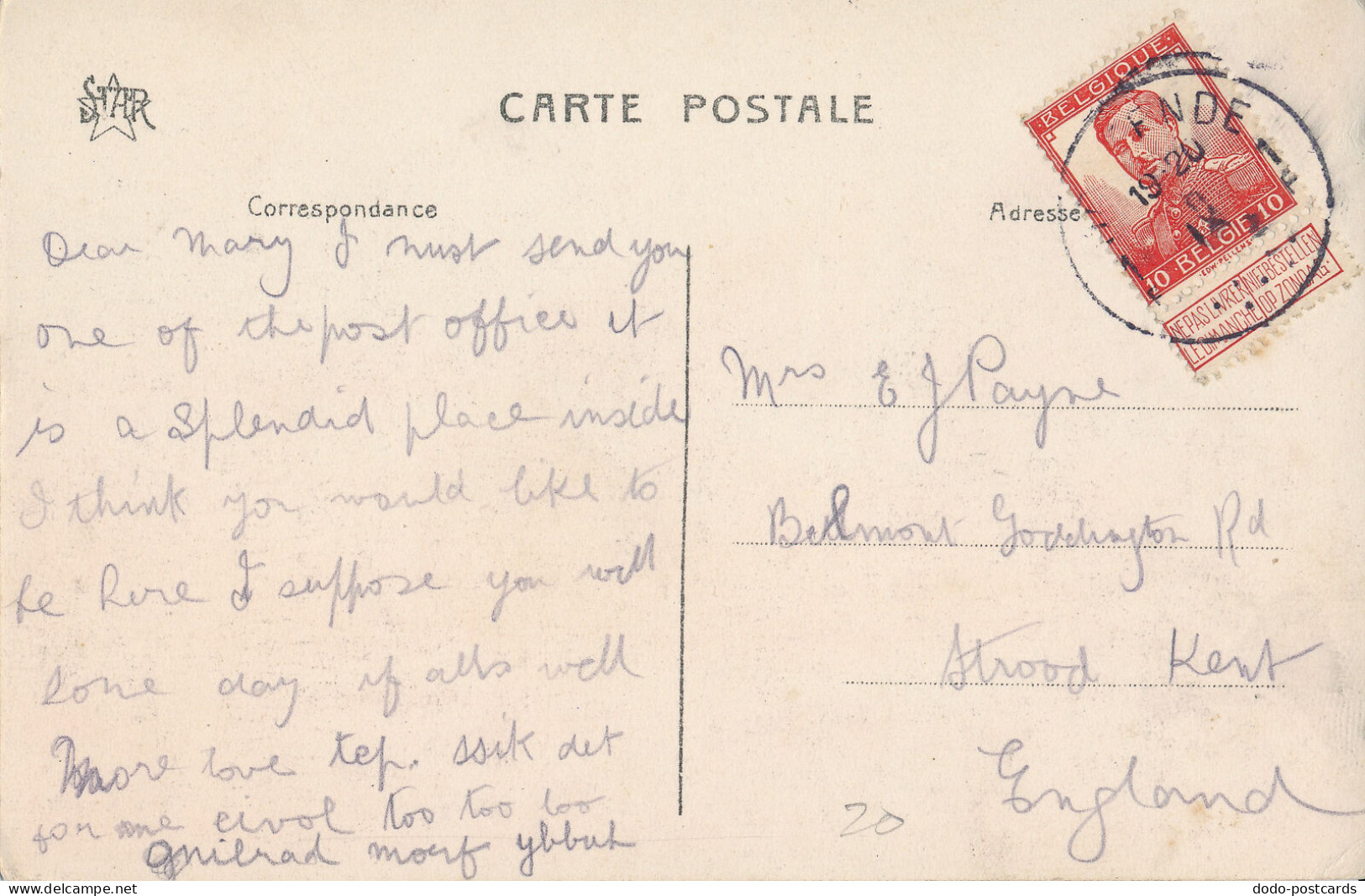 PC43227 Ostende. La Poste. Star. 1920 - Monde