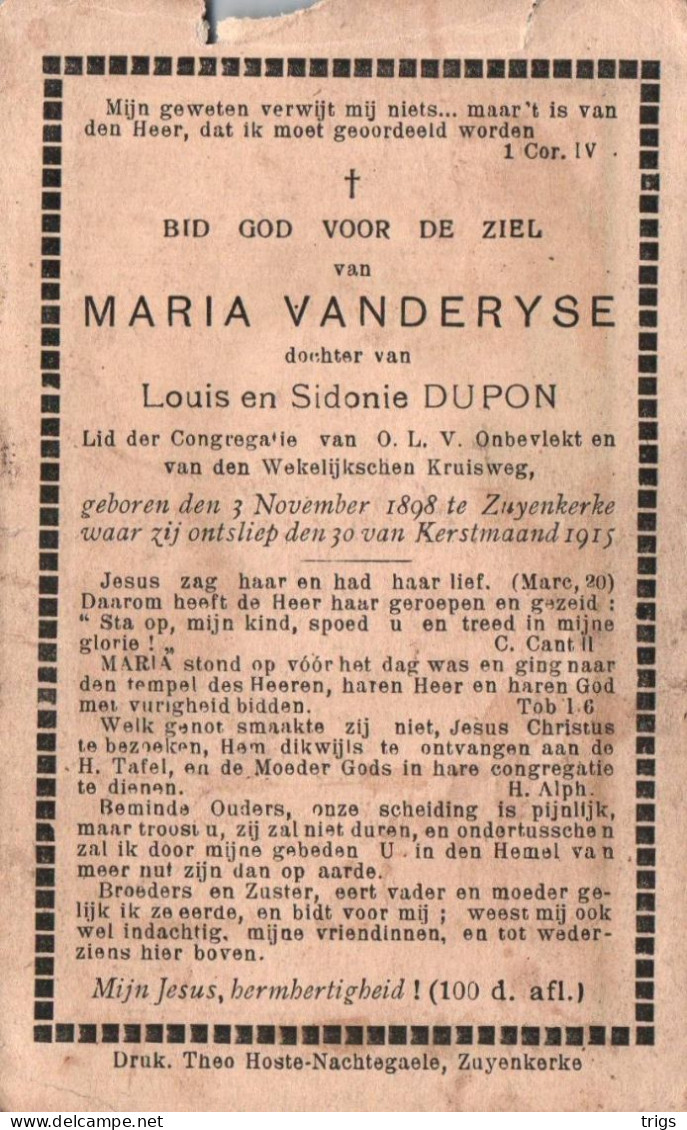 Maria Vanderyse (1898-1915) - Devotieprenten