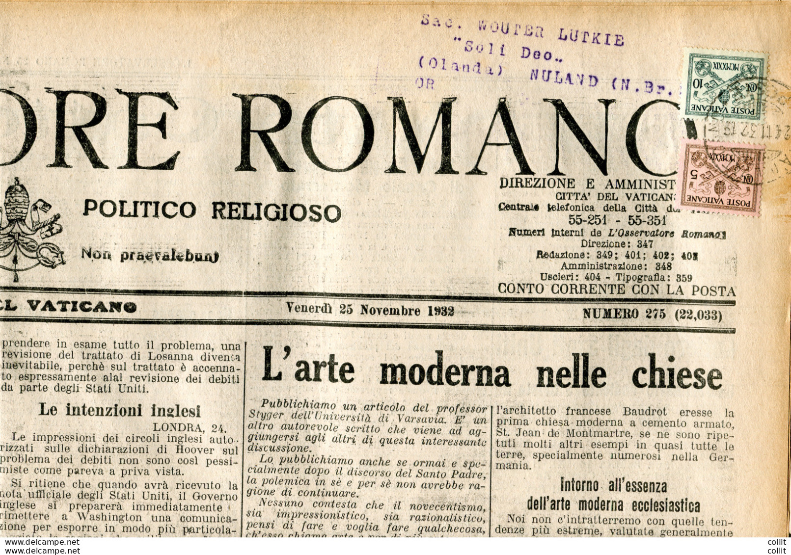 Osservatore Romano - Giornale Del 25 Novembre 1932 Spedito In Olanda - Ungebraucht