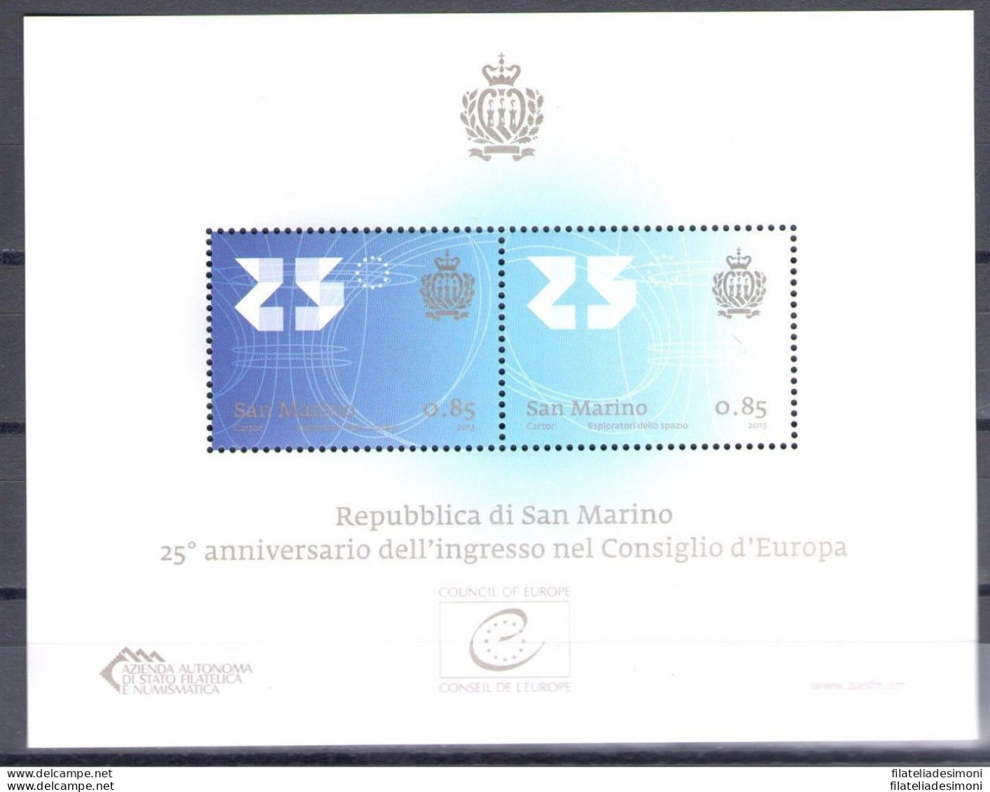 2013 San Marino Foglietto Consiglio D'Europa BF N° 130 MNH** - Blokken & Velletjes