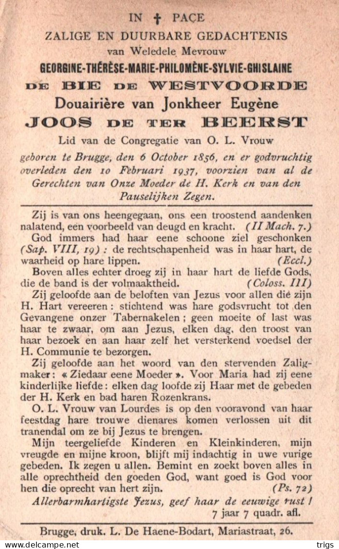 Georgine Thérèse Marie Philomène Sylvie Ghislaine De Bie De Westvoorde (1856-1937) ~ Adel - Devotieprenten