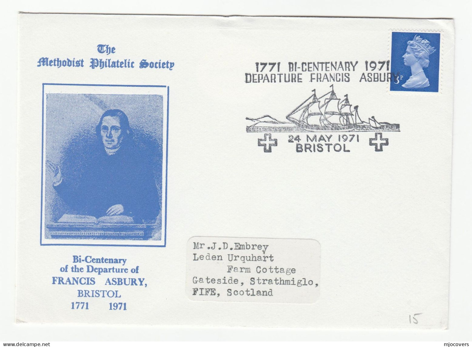 SAILING SHIP 1971 Bicentenary BRISTOL  Francis ASBURY Departure 1771 Event COVER Gb Stamps Religion - Briefe U. Dokumente