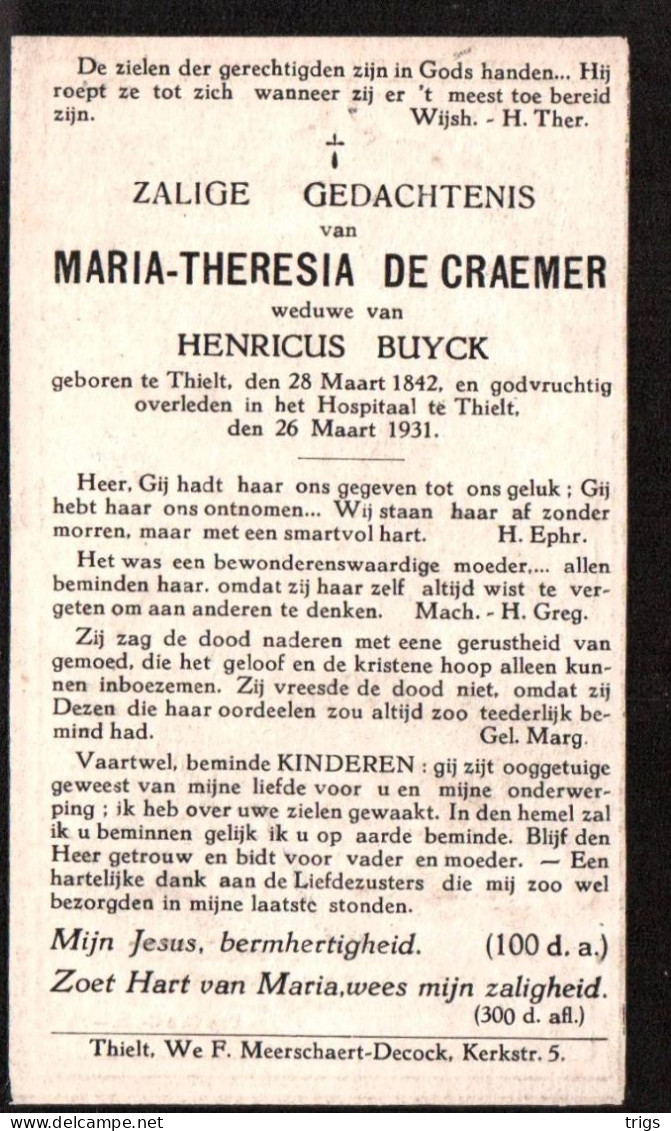 Maria Theresia De Craemer (1842-1931) - Devotieprenten