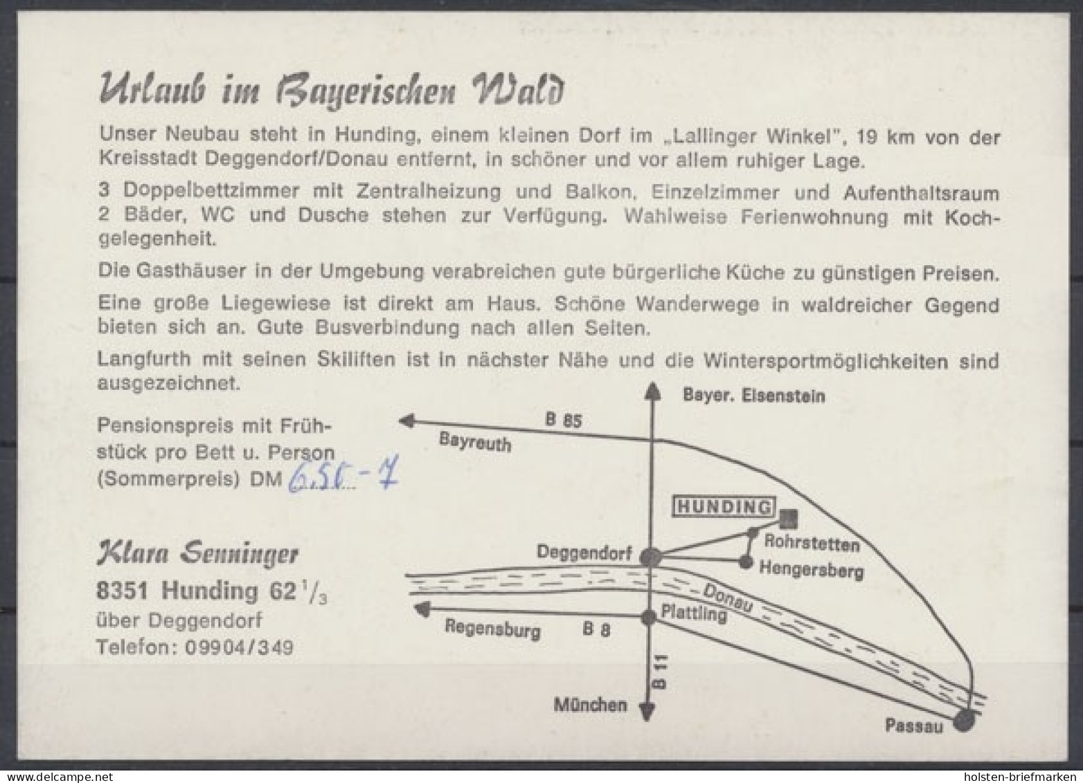 Hunding Bayerischer Wald, Werbekarte Für Haus Senniger - Werbepostkarten