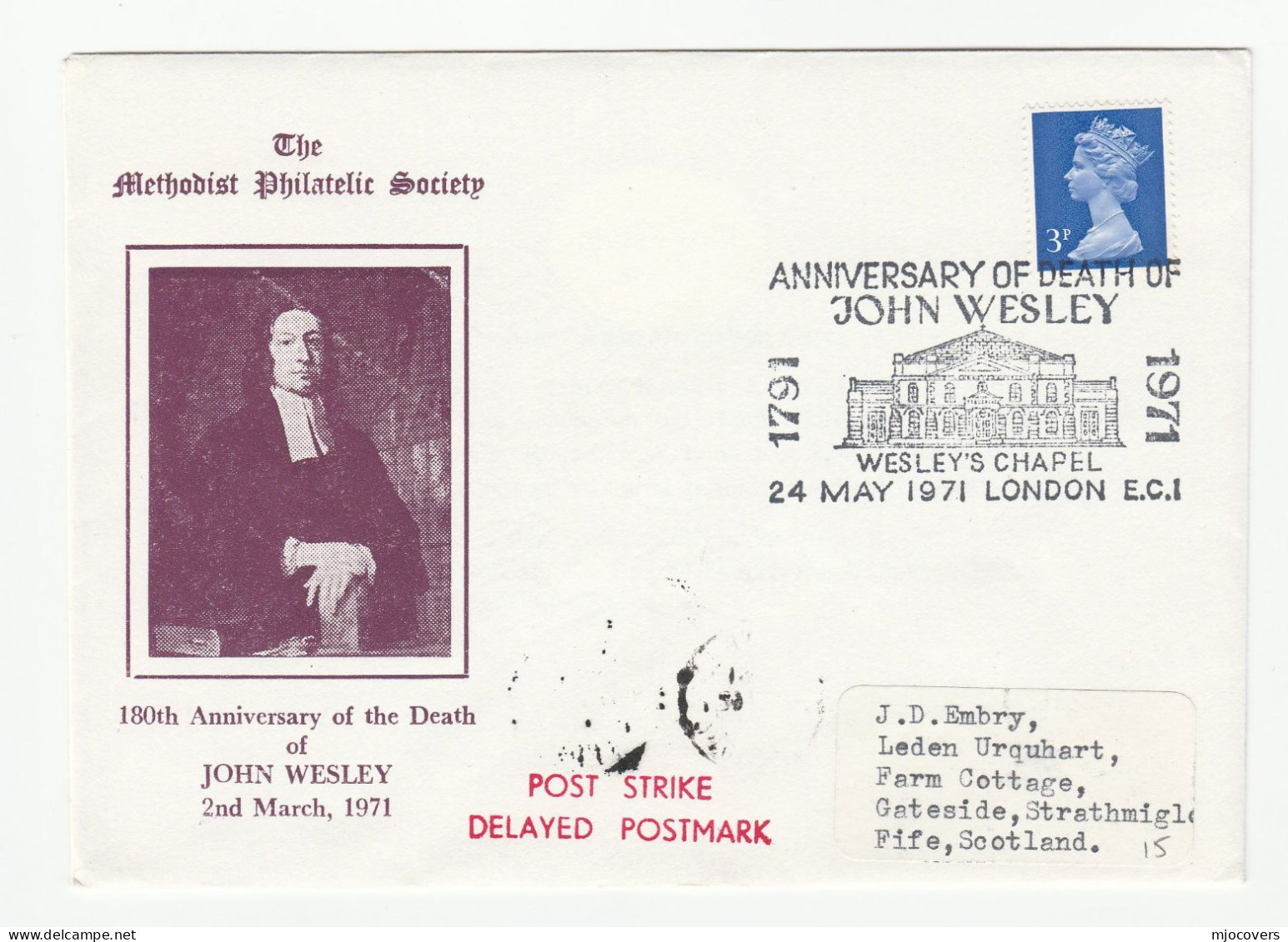 'POST STRIKE DELAYED Postmark COVER 1971 London Methodist  Wesley Anniv Religion GB Event Stamps - Lettres & Documents