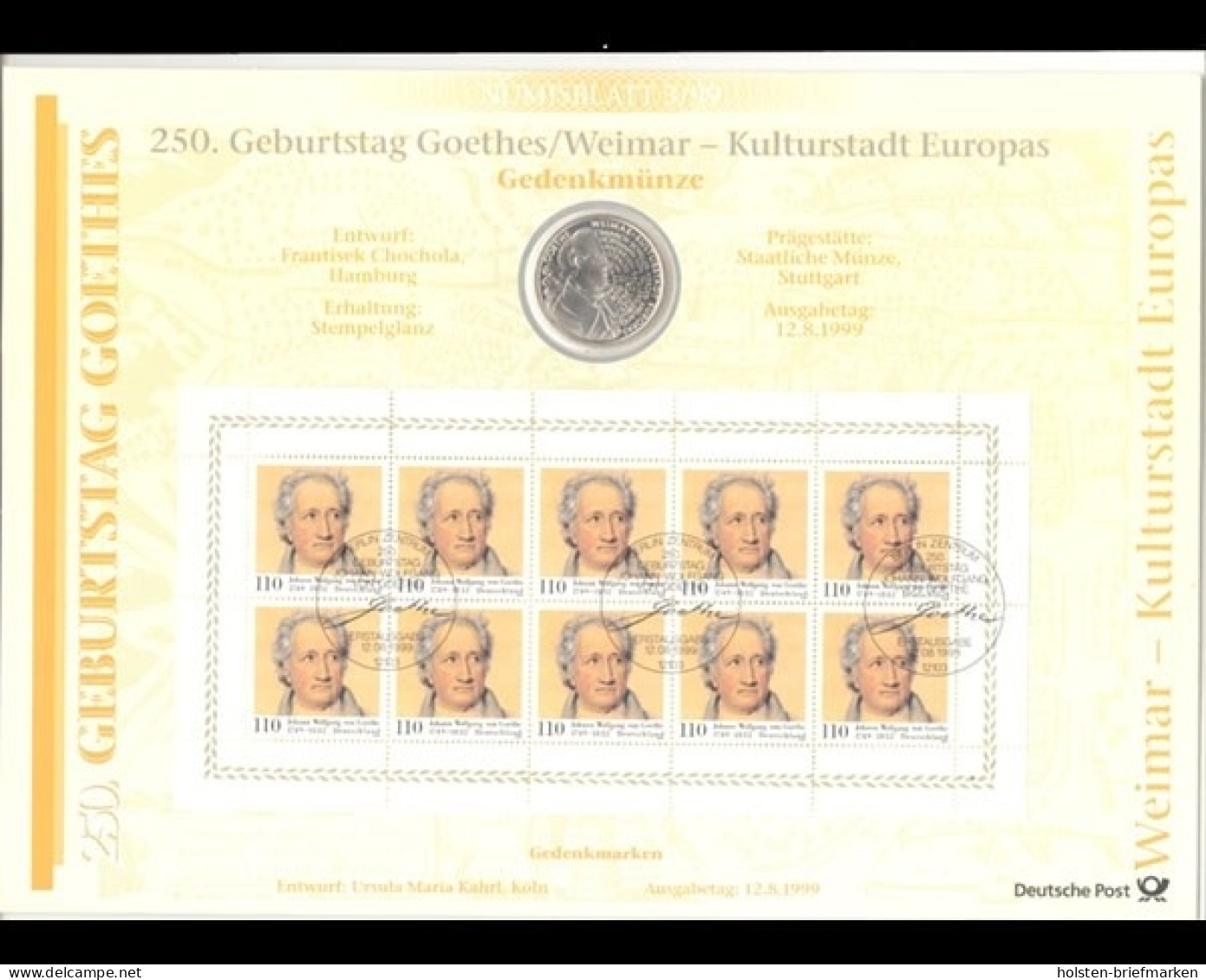 BRD, Numisblatt 3/1999, Goethe / Weimar - Kulturstadt Europas - Autres & Non Classés