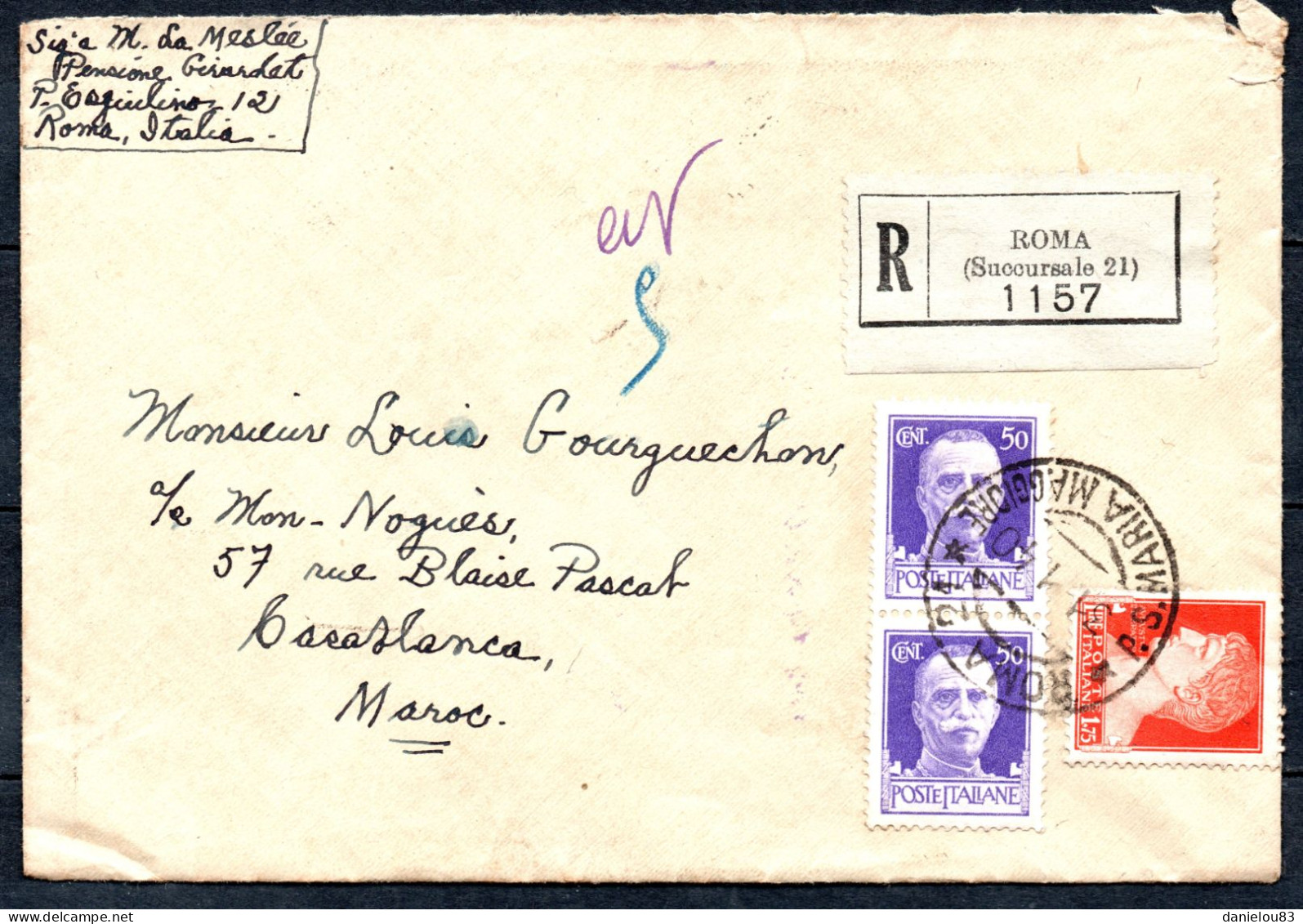 Lettre Recommandée De ROME ITALIE Pour CASABLANCA MAROC Année 1940 - Marcophilie