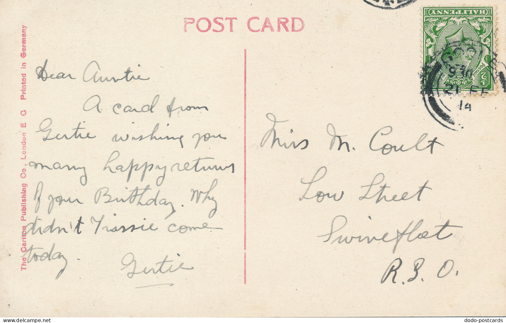 PC43441 Greeting Postcard. Many Happy Returns. A Boy With Flowers. Carlton. 1914 - Monde