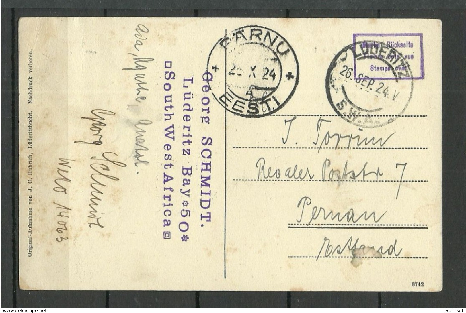 Postkarte Deutsche Südwest-Afrika O Lüderitz 1924 Diamantenfelder D. Kolonialen Bergbau Gesellschaft, Sent To Estonia - Ehemalige Dt. Kolonien