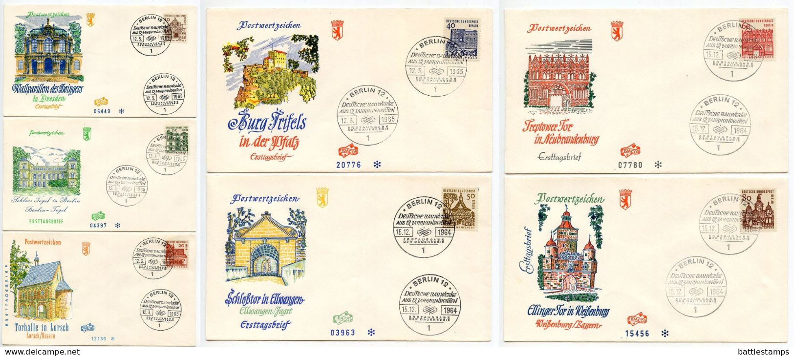 Germany, Berlin 1964-65 7 FDCs Scott 9N215-9N220, 9N222 German Architecture For A Mix Of Towns - 1948-1970