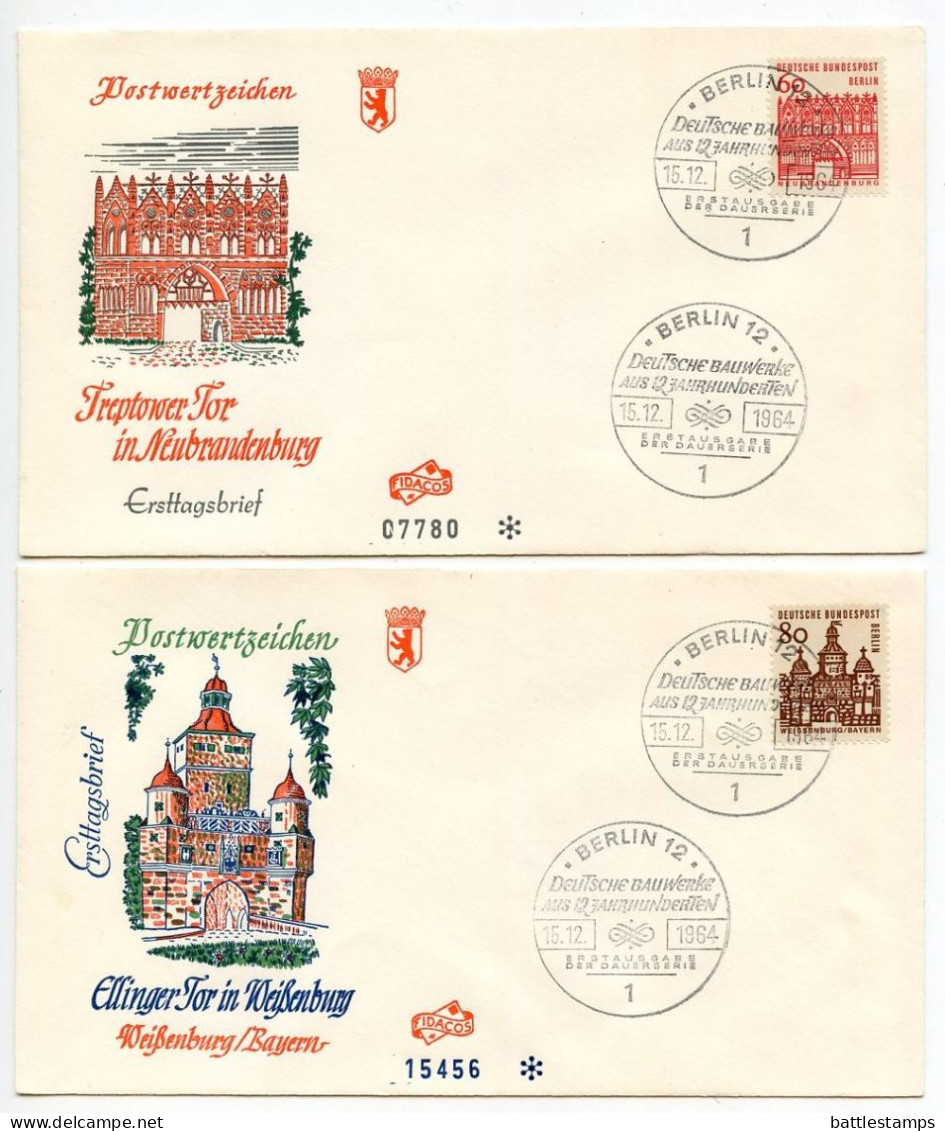 Germany, Berlin 1964-65 7 FDCs Scott 9N215-9N220, 9N222 German Architecture for a mix of towns