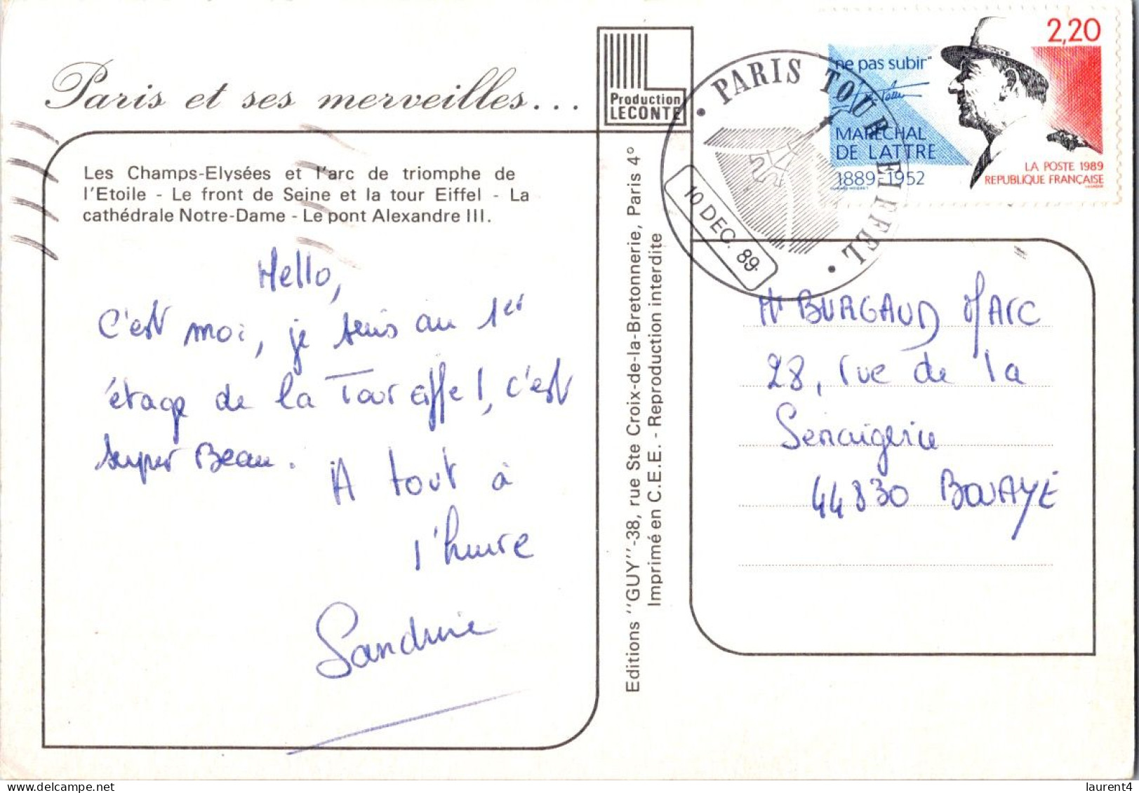 29-3-2024 (4 Y 21) France - Souvenir De Paris (posted With Military De Latte Stamp + Eiffel Tower Special P/m) - Denkmäler