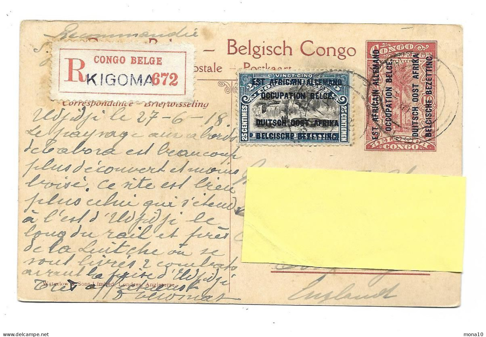 Congo Belge;  Kigoma -Est Africain Allemand; Occupation Belge, Timbre Et Entier Postal - 1918 - Recommandé - Stamped Stationery