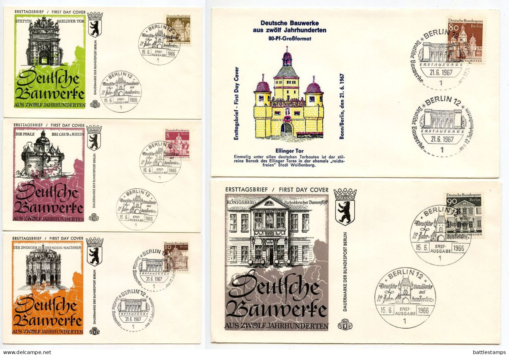 Germany, Berlin 1966-67 5 FDCs Scott 9N223, 9N226, 9N227, 9N229 The New Berlin - 1948-1970