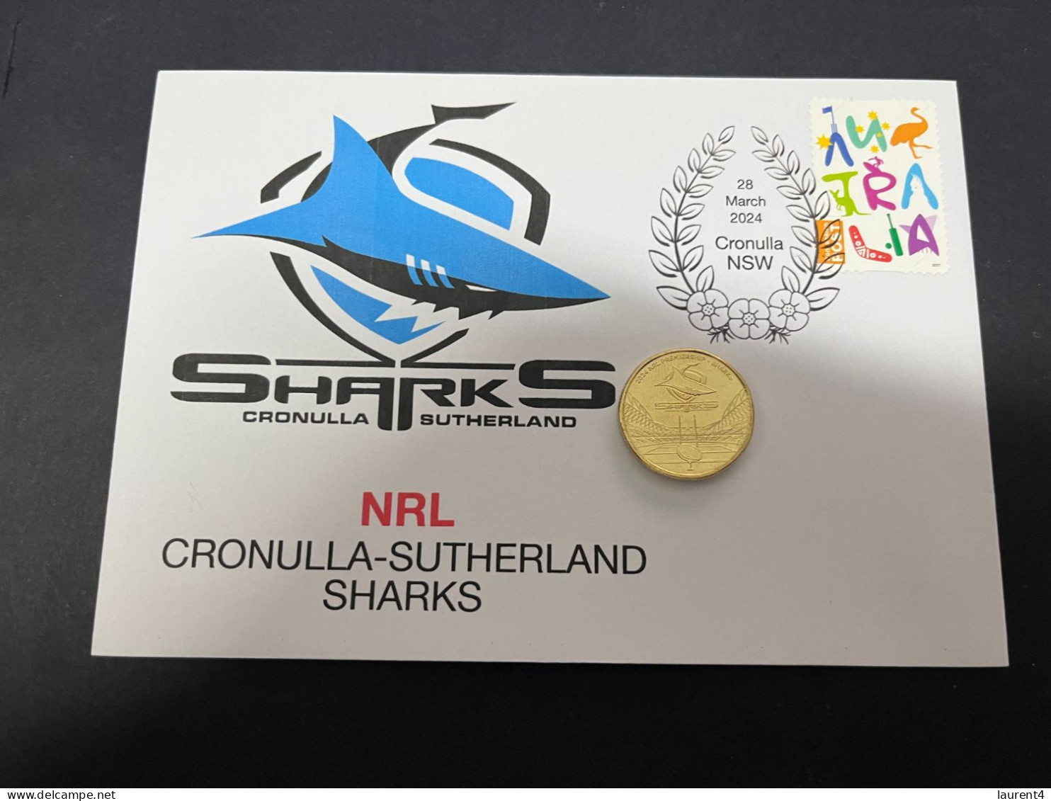 29-3-2024 (4 Y 23) Australian New $ 1.00 Coin (NRL Cronulla Sharks) Released 28-3-2024 (1 X Coin On Cover) - Dollar