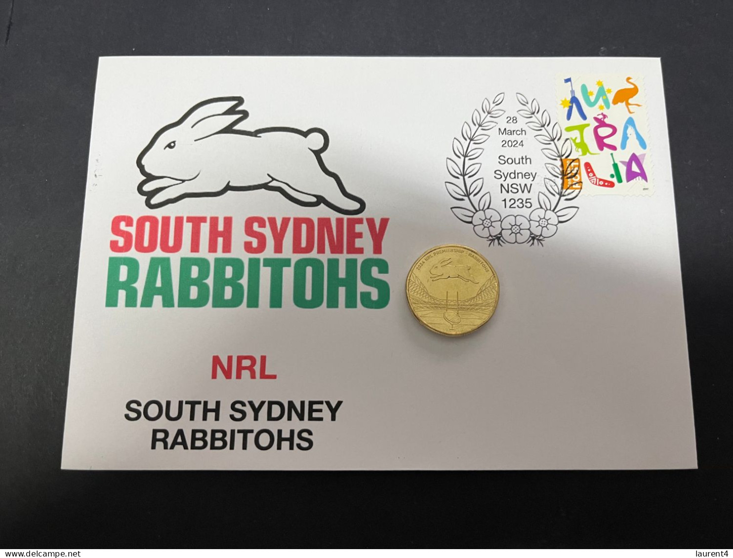 29-3-2024 (4 Y 23) Australian New $ 1.00 Coin (NRL South Sydney Rabbitohs) Released 28-3-2024 (1 X Coin On Cover) - Dollar