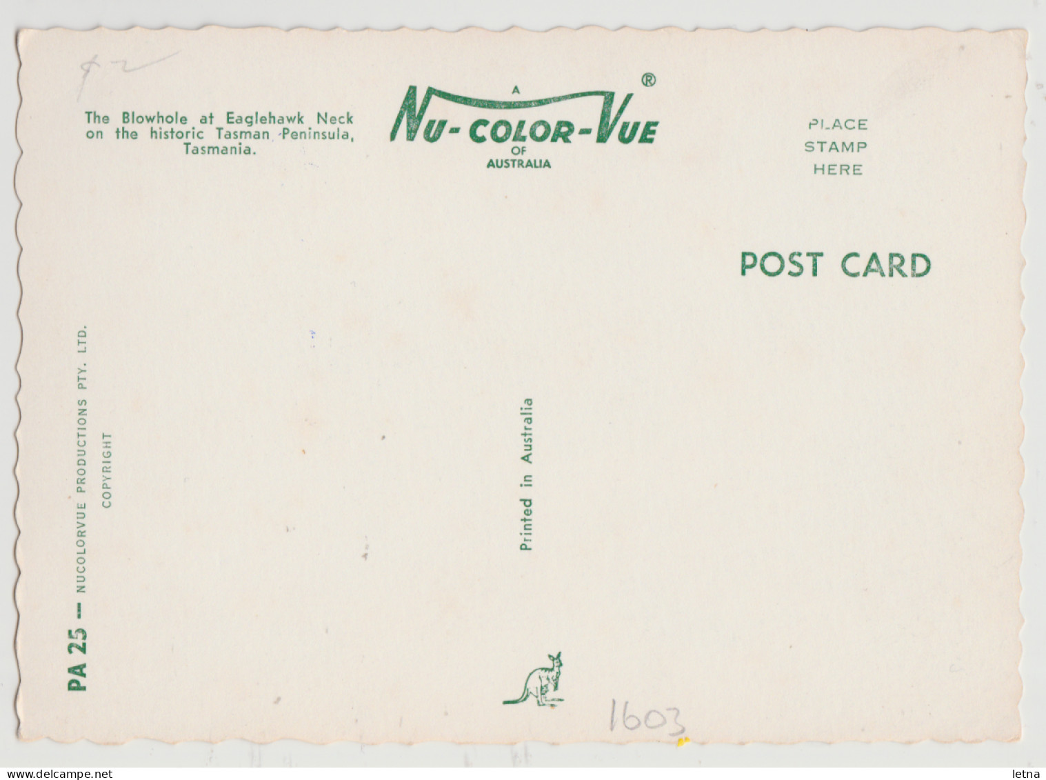Australia TASMANIA TAS Blowhole EAGLEHAWK NECK Nucolorvue PA25 Postcard C1960s - Port Arthur