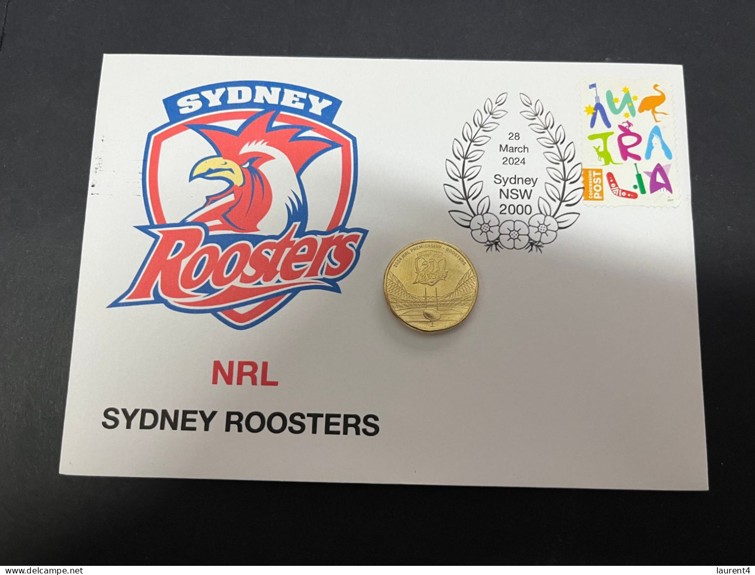 29-3-2024 (4 Y 23) Australian New $ 1.00 Coin (NRL Sydney Roosters) Released 28-3-2024 (1 X Coin On Cover) - Dollar