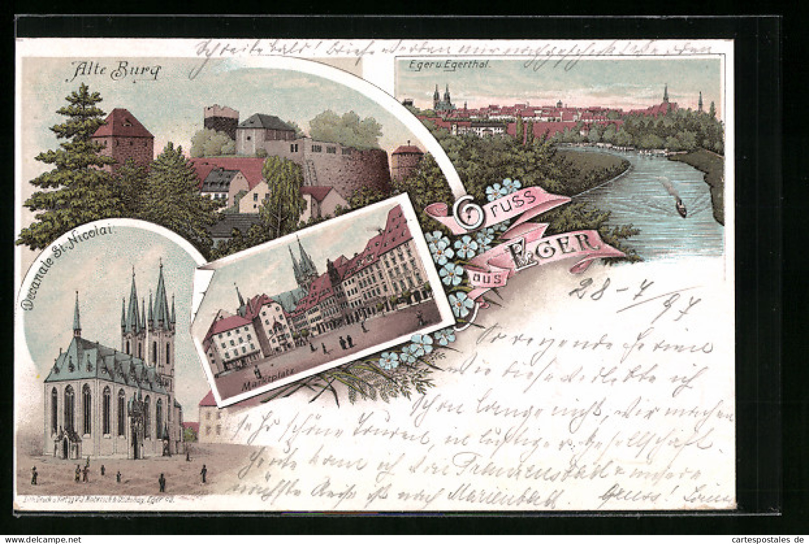 Lithographie Eger, Alte Burg, Decanale St. Nicolai, Marktplatz, Panorama Mit Dampfer  - Tschechische Republik