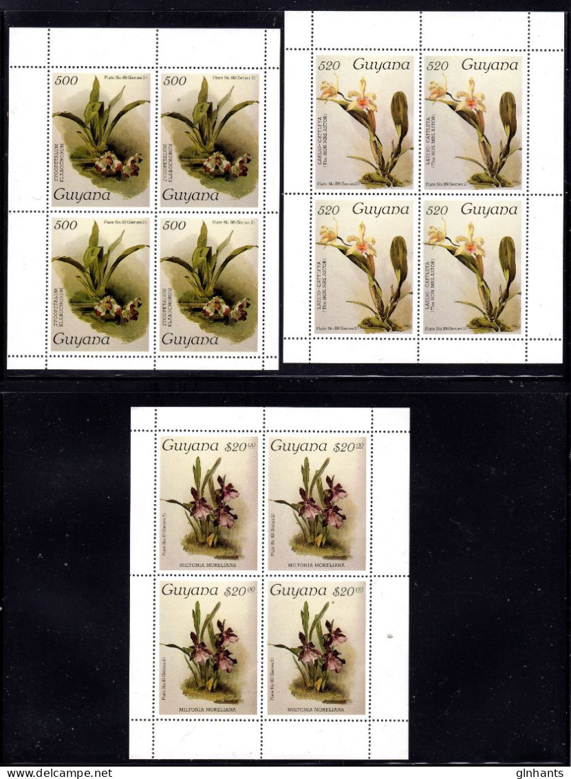 GUYANA - 1987 REICHENBACHIA ORCHID FLOWERS 21st ISSUE COMPLETE SET (3V) IN SHEETLET OF 4 FINE MNH ** SG 2180-2182 X 4 - Guyane (1966-...)