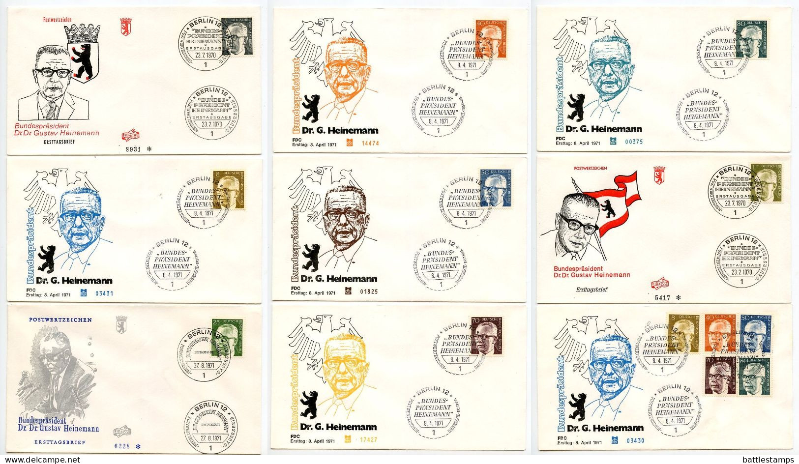 Germany, Berlin 1970-71 9 FDCs Scott 9N284/9N296 President Gustav Heinemann - 1971-1980