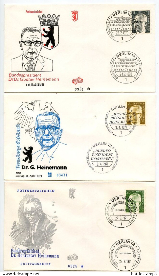 Germany, Berlin 1970-71 9 FDCs Scott 9N284/9N296 President Gustav Heinemann - 1971-1980