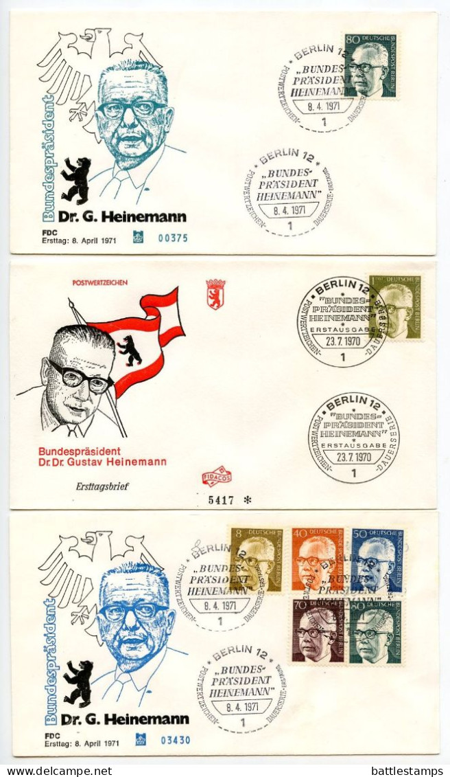 Germany, Berlin 1970-71 9 FDCs Scott 9N284/9N296 President Gustav Heinemann